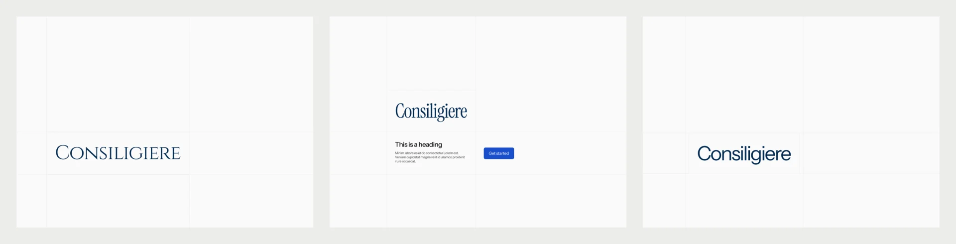 The Consiligiere wordmark set in Cinzel capitals, in a condensed serif, and in a geometric sans.