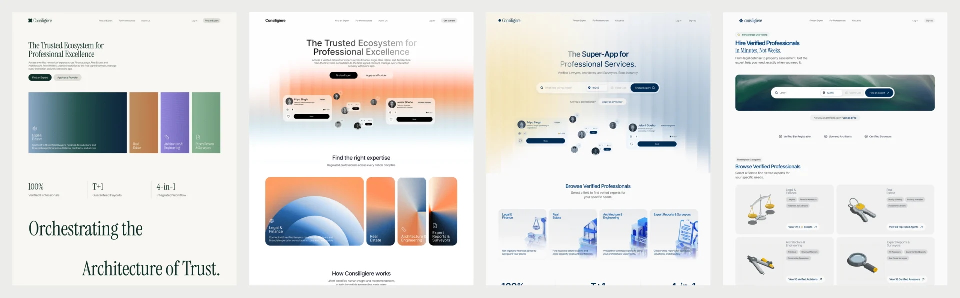 Four landing page concepts side by side, from a cream page with one colored card per profession to the final navy version with isometric objects.