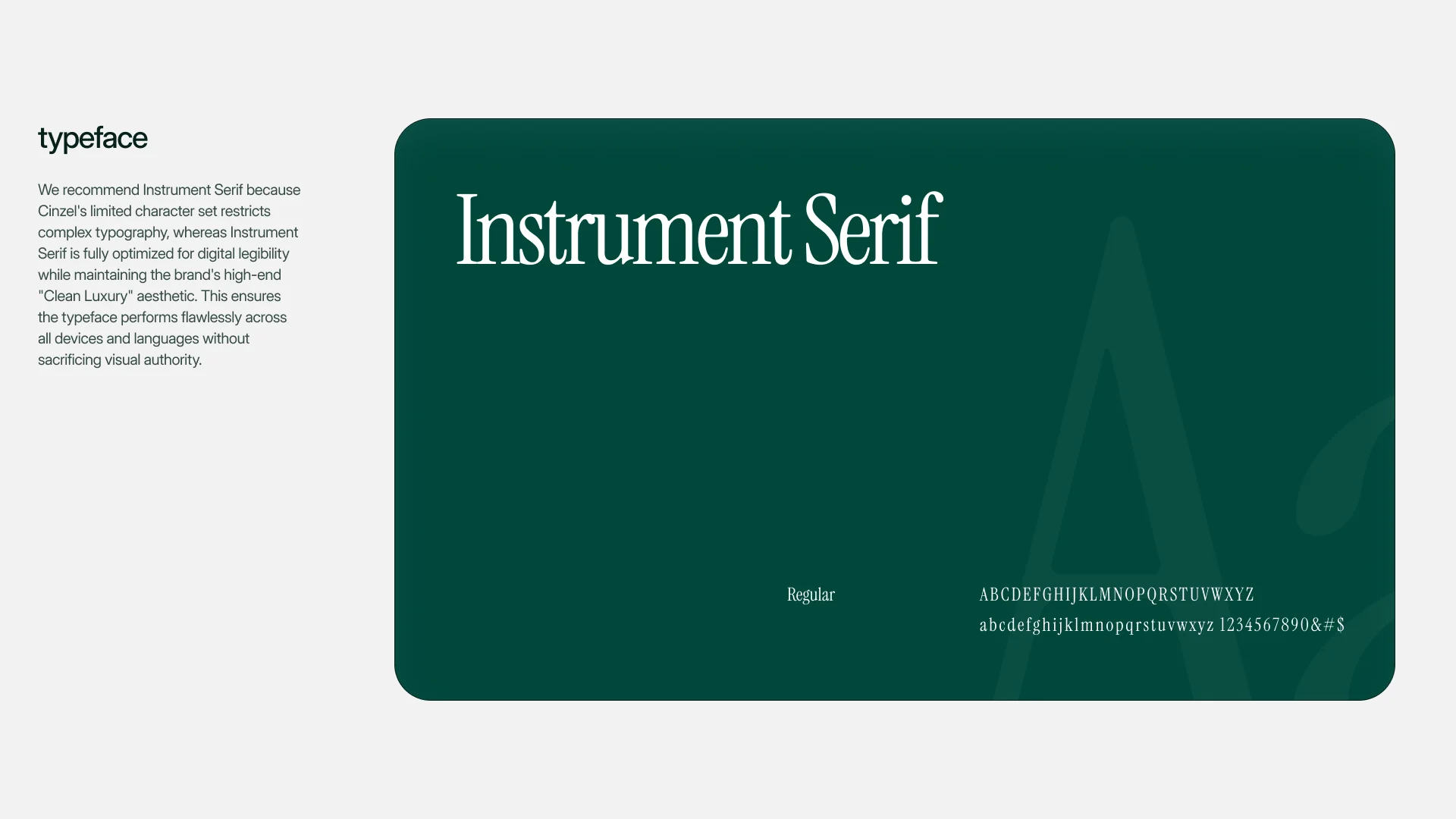 The type decision slide: Instrument Serif as the display typeface, with its rationale.