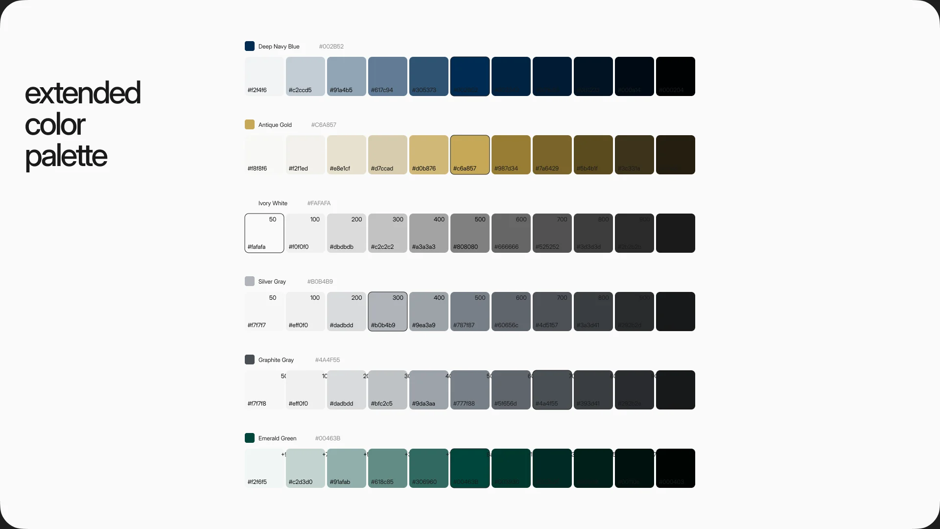 The extended palette: six scales for deep navy, antique gold, ivory white, silver gray, graphite gray and emerald green.
