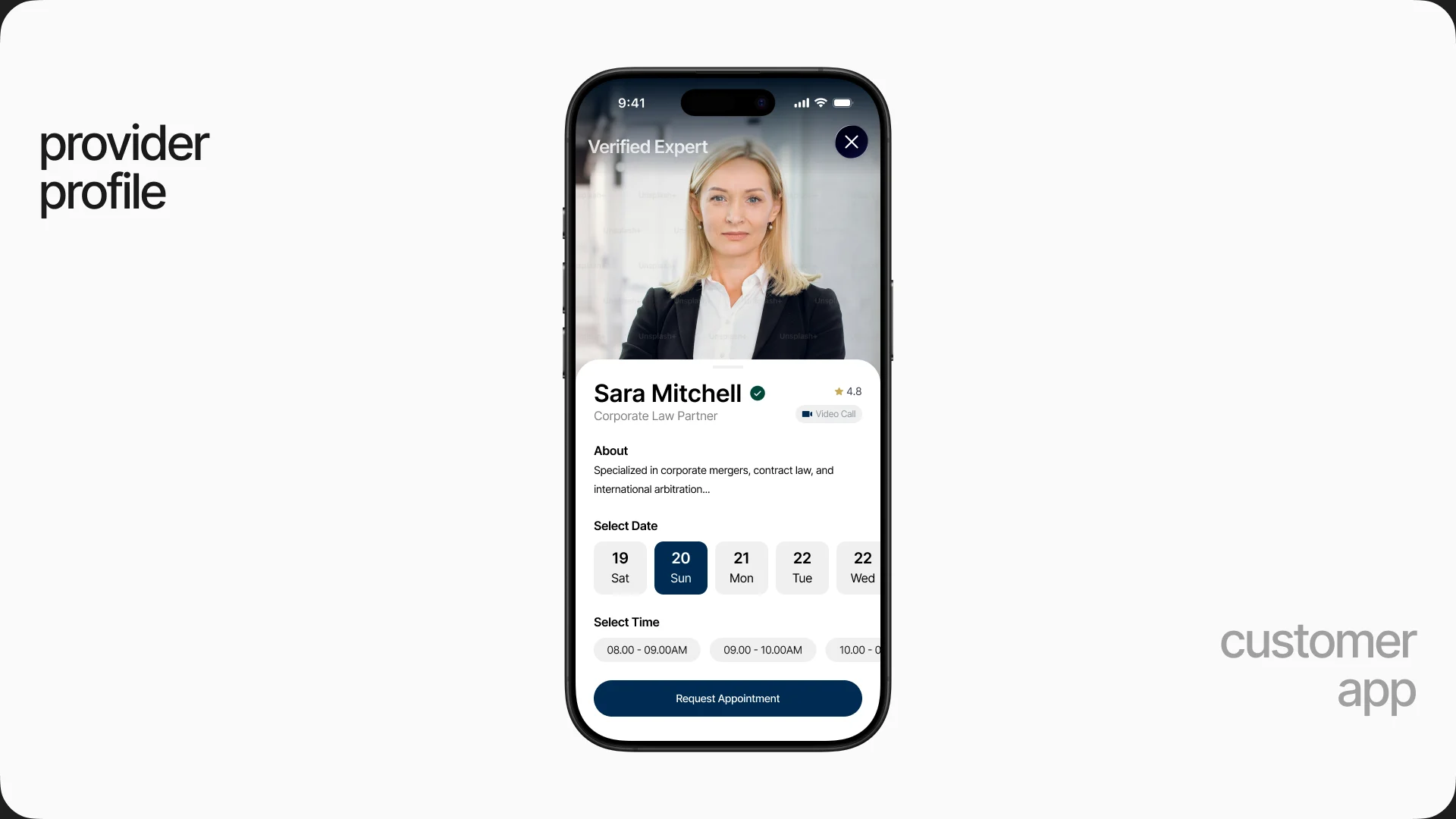 A provider profile with a date and time picker above a Request Appointment button.