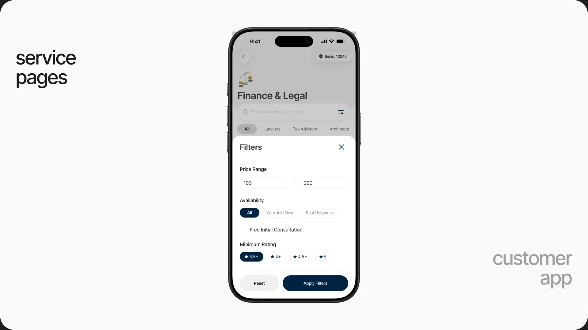 A Finance and Legal service page with a filter sheet open.