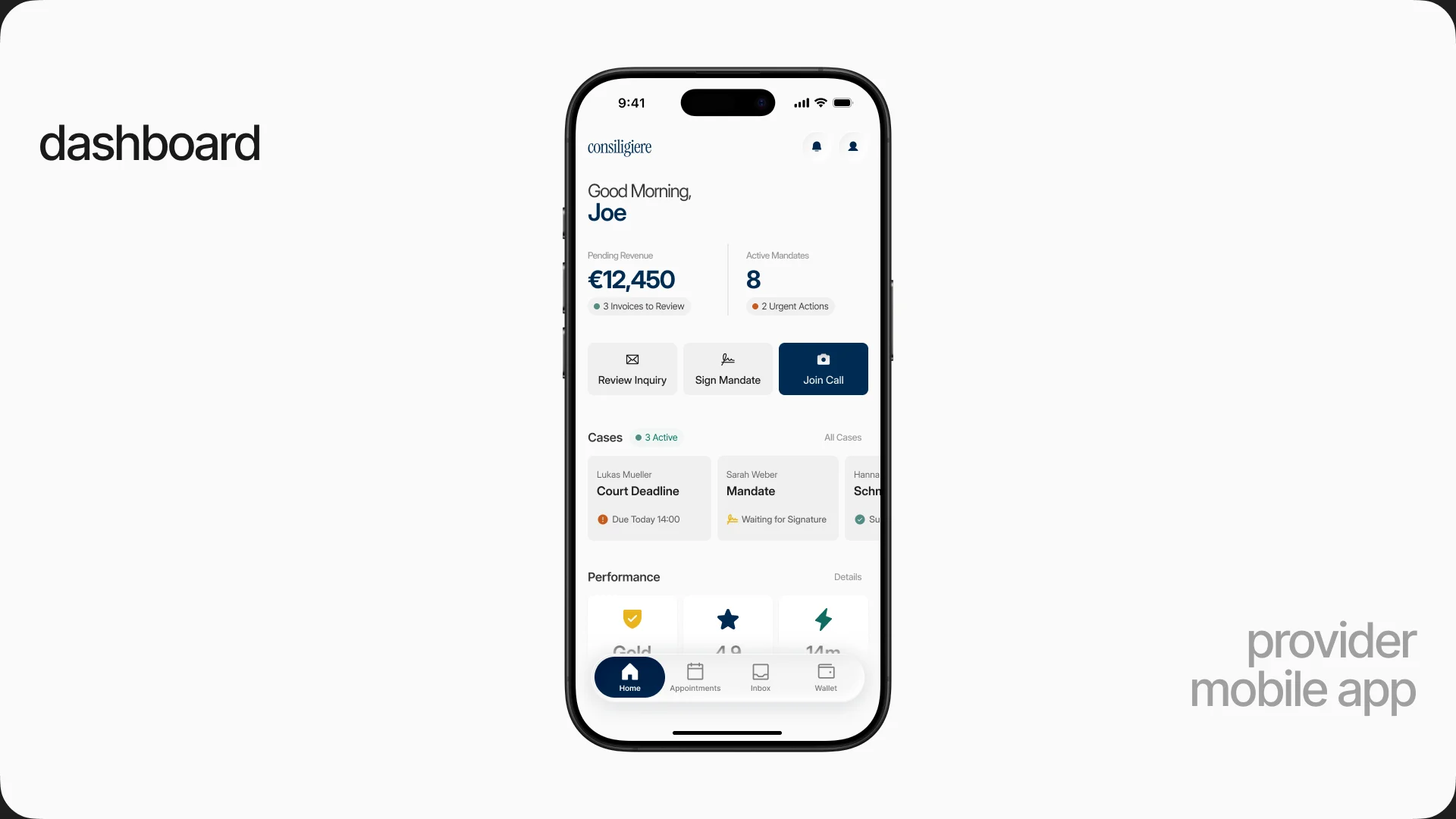 The provider dashboard on iPhone, with revenue, mandates and case cards.